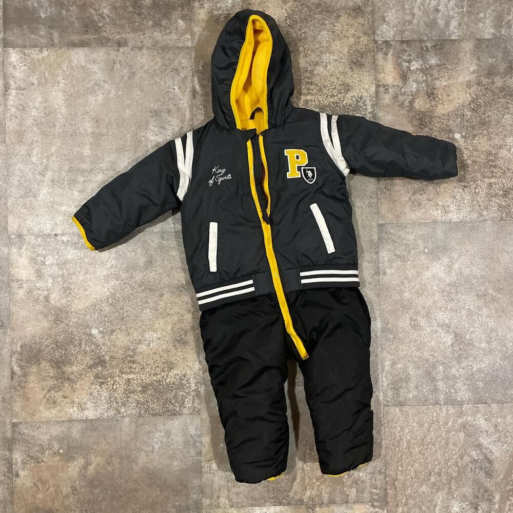 us polo assn 18 month hooded gray and yellow zip up baby snowsuit